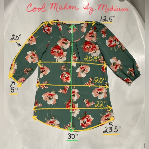 Cool Melon Size Medium Lt Weight Floral Tunic Adjustable Elastic Sleeves EUC - Picture 7 of 11